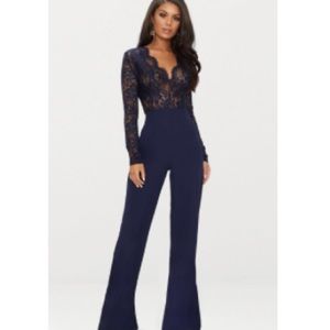 navy lace long sleeve plunge jumpsuit